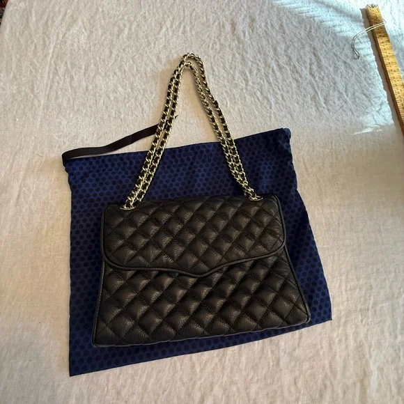 NWOT Rebecca Minkoff Large Black/Gold Leather Quilted Affair Bag Dust Bag $295